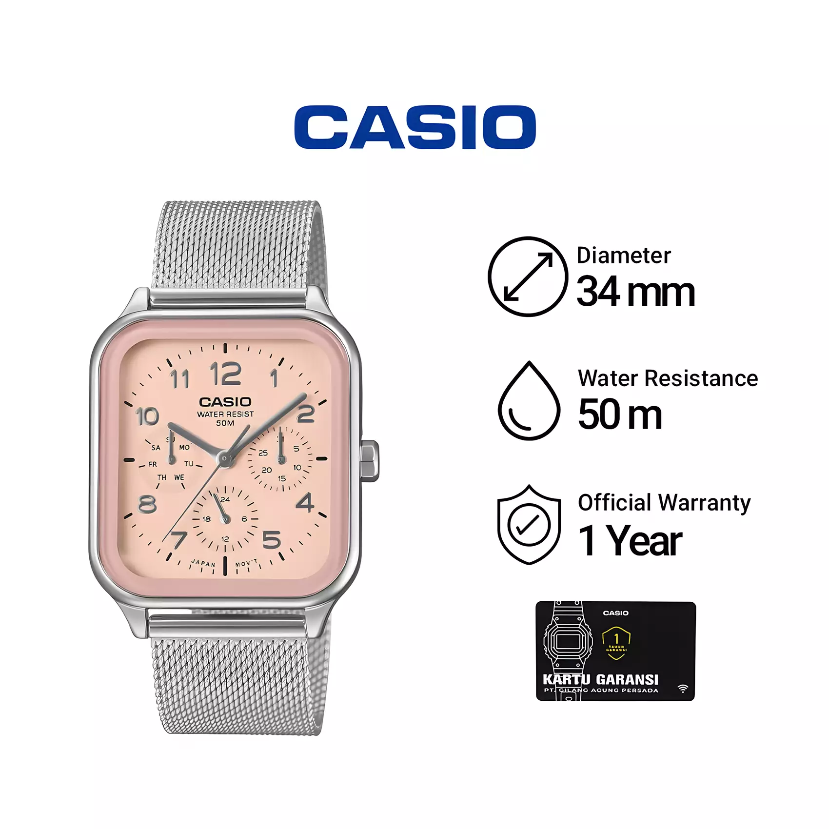Casio - Jam Tangan Chronograph Wanita - Silver Pink - Mesh Band Stainless Steel - MTP-M306M-4AV