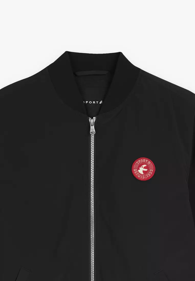 Women's Black Polyester DINO Badge Bomber Jacket