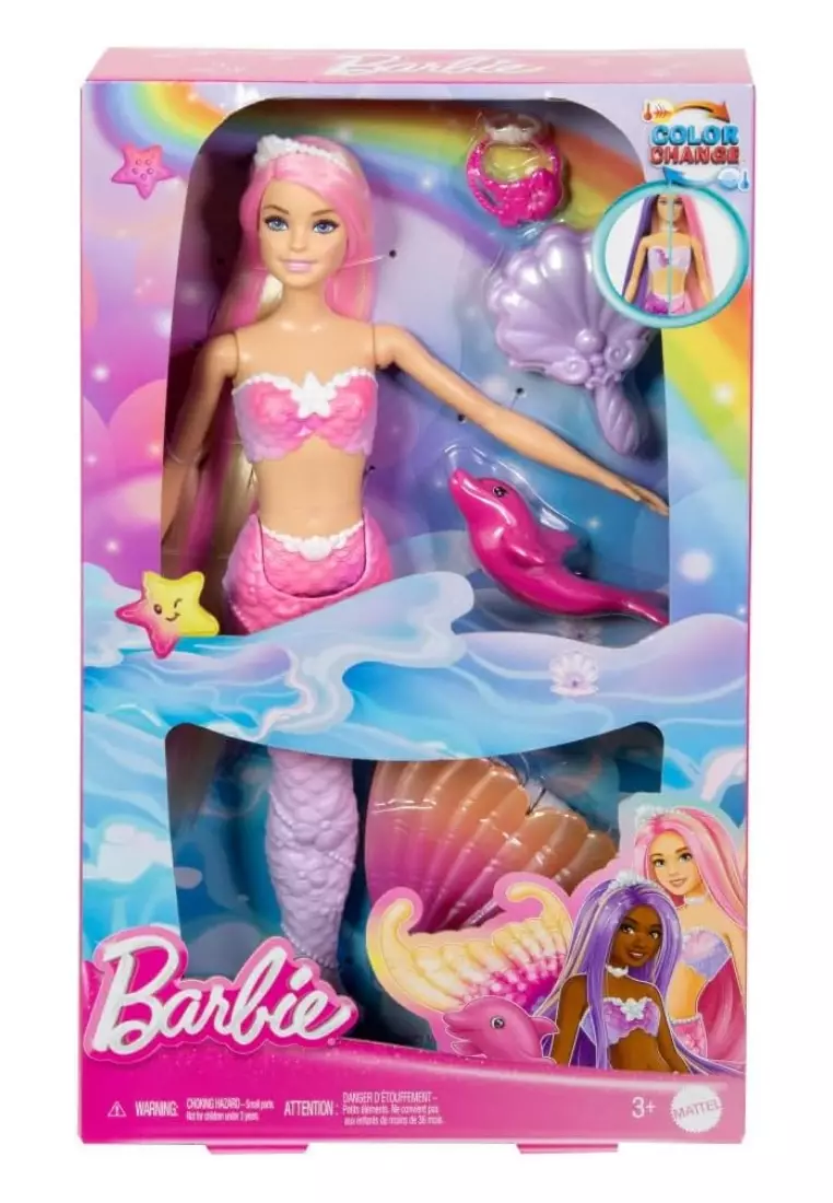 Barbie Mermaid Doll, “Malibu” with Pink Hair, Styling Accessories, Pet Dolphin and Water-Activated Color Change Feature