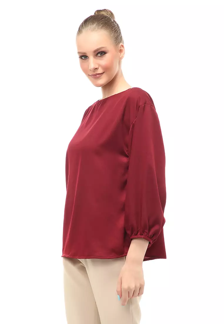 Blouse Lengan Balon Motif Solid Design Simple Regular Fit - Maroon