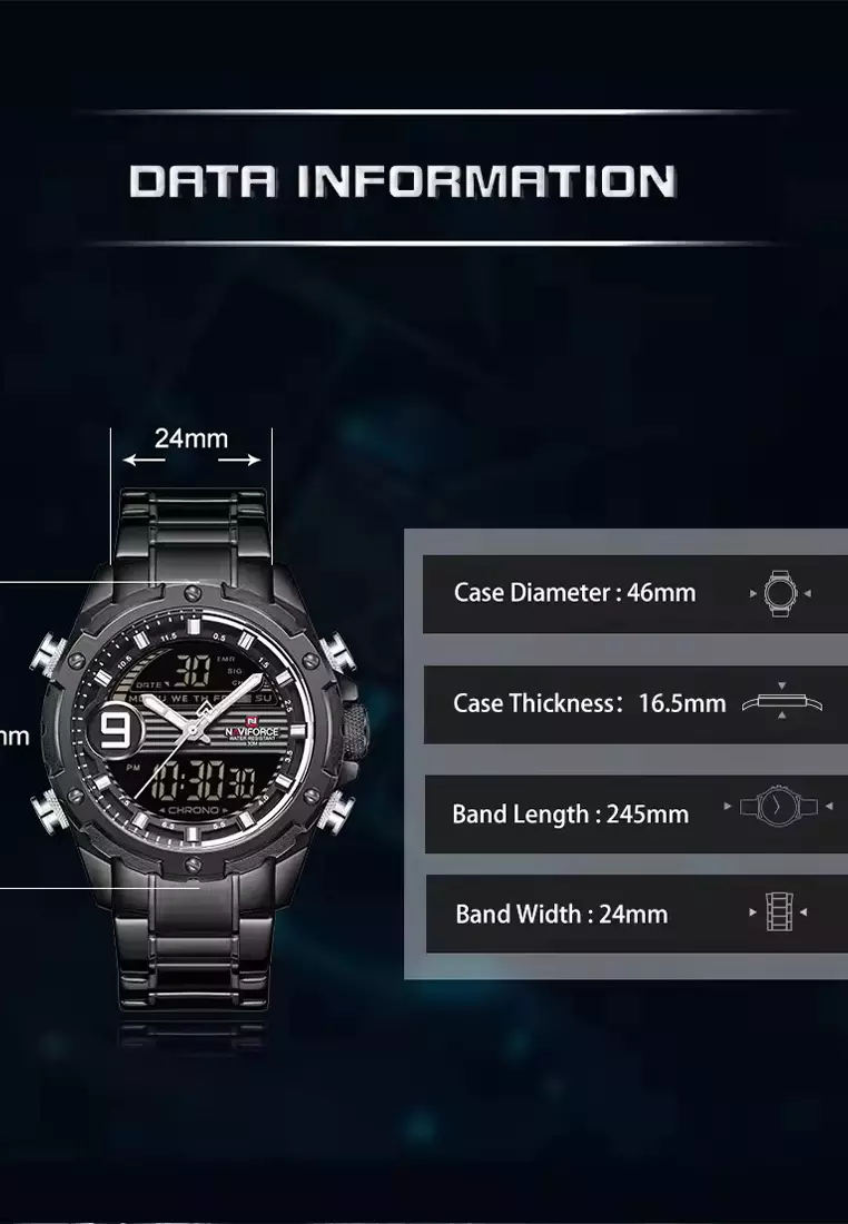 Jam Tangan Analog Digital Pria Naviforce NF9146 - Black - Stainless Steel