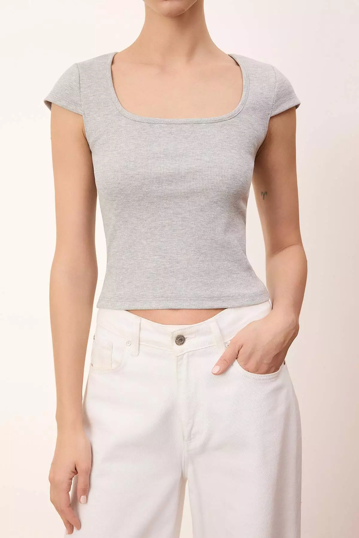 Wardrobe Essentials-Wardrope Essentials Gray Melange Fitted Crop Stretchy Knitted Blouse Twoss26Bz155