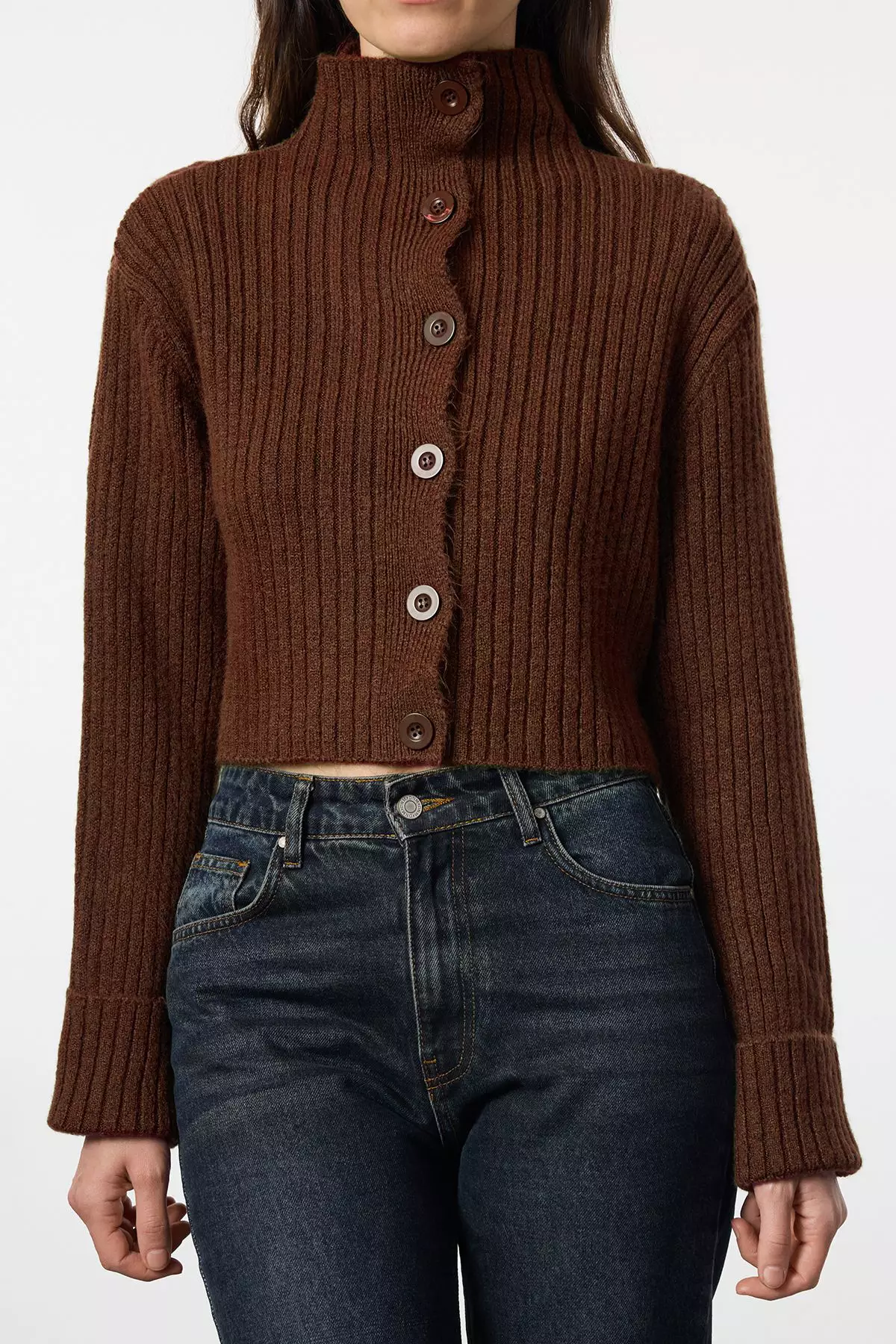 Brown Crop Soft Textured Stand Collar Knitwear Cardigan