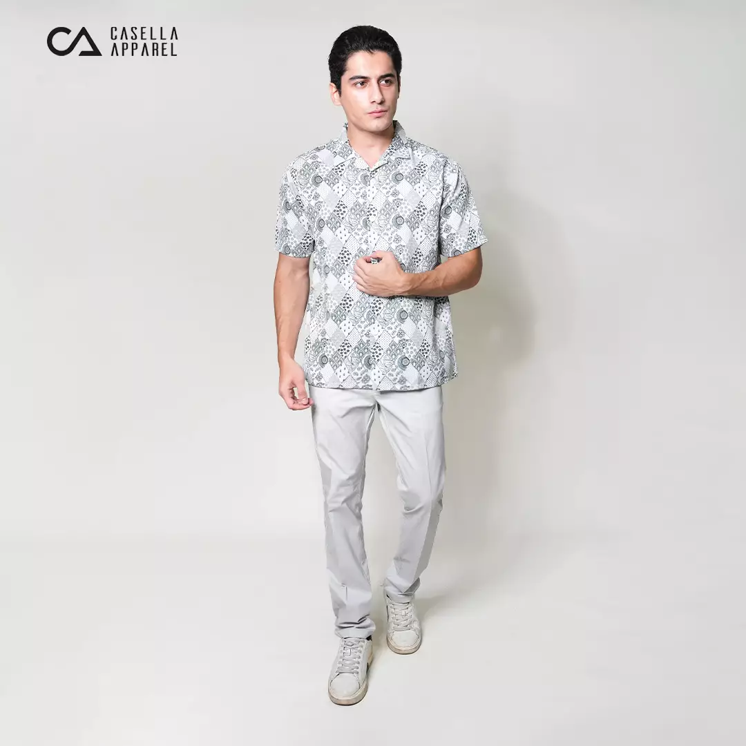 Casella Kemeja Lengan Pendek Kerah Terbuka | Cuban Camp Bowling Collar Xantif Edition 2360 White Green