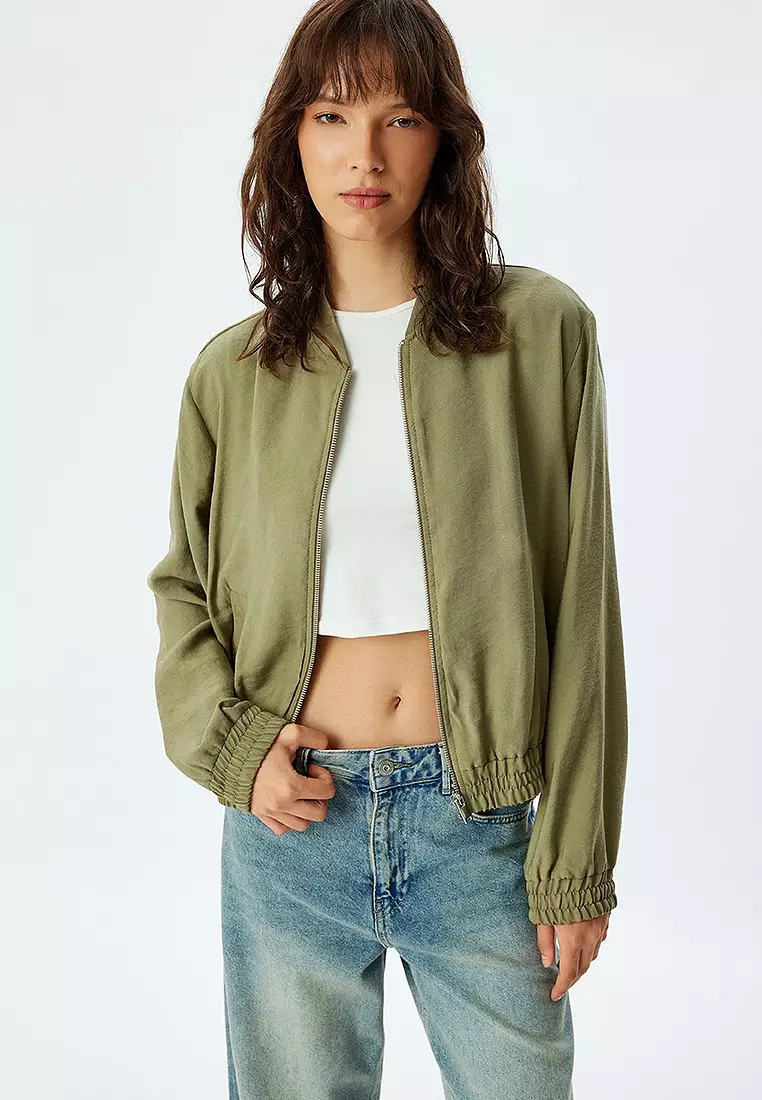 Bomber Jacket Modal Fabric Pocket Round Neck