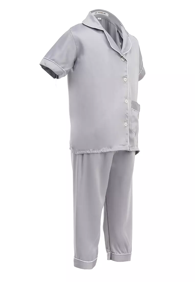 Joyce Piyama Anak Unisex Lengan Pendek Kids Pajamas Motif Polos Material Satin ORIGINAL - Gray