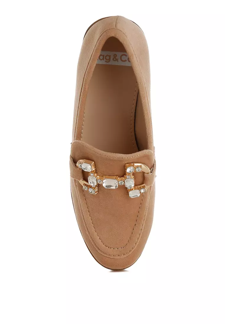 Sepatu Loafer Horsebit Berhias Berlian Imitasi Warna Beige