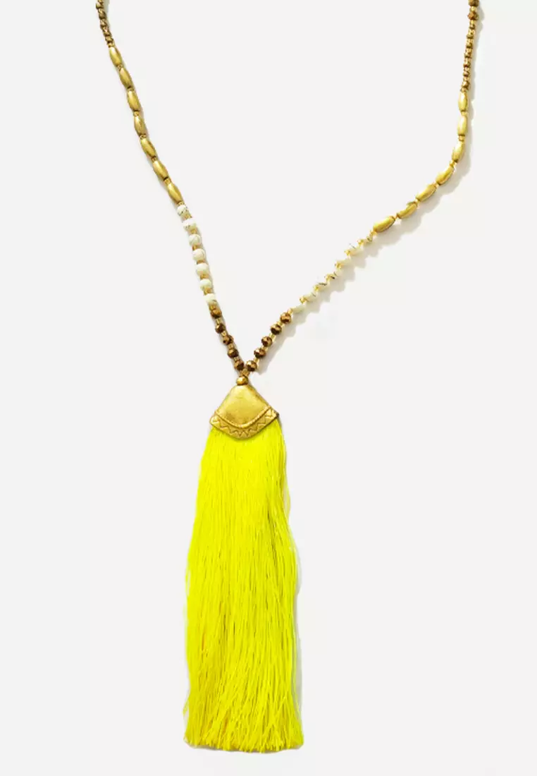 Aksesoris Kalung Wanita Tassels & Beads  Long Necklace Kalung Wanita Panjang Gold, White & Neon Yellow