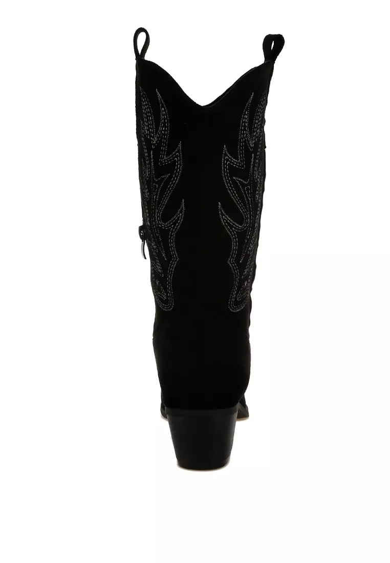 Embroidery Detail Cowboy Boots in Black