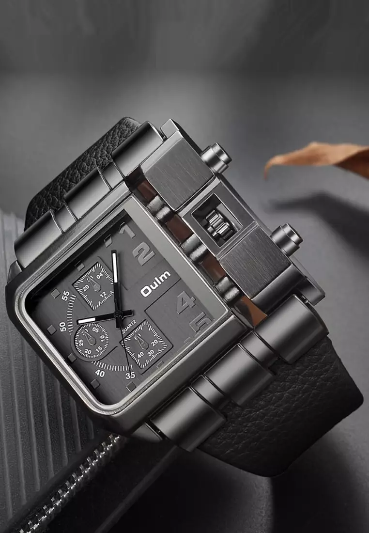 Very Large Men's Quartz Watch - 53x53mm - IP Black Steel case, Black Dial, Black Leather Strap