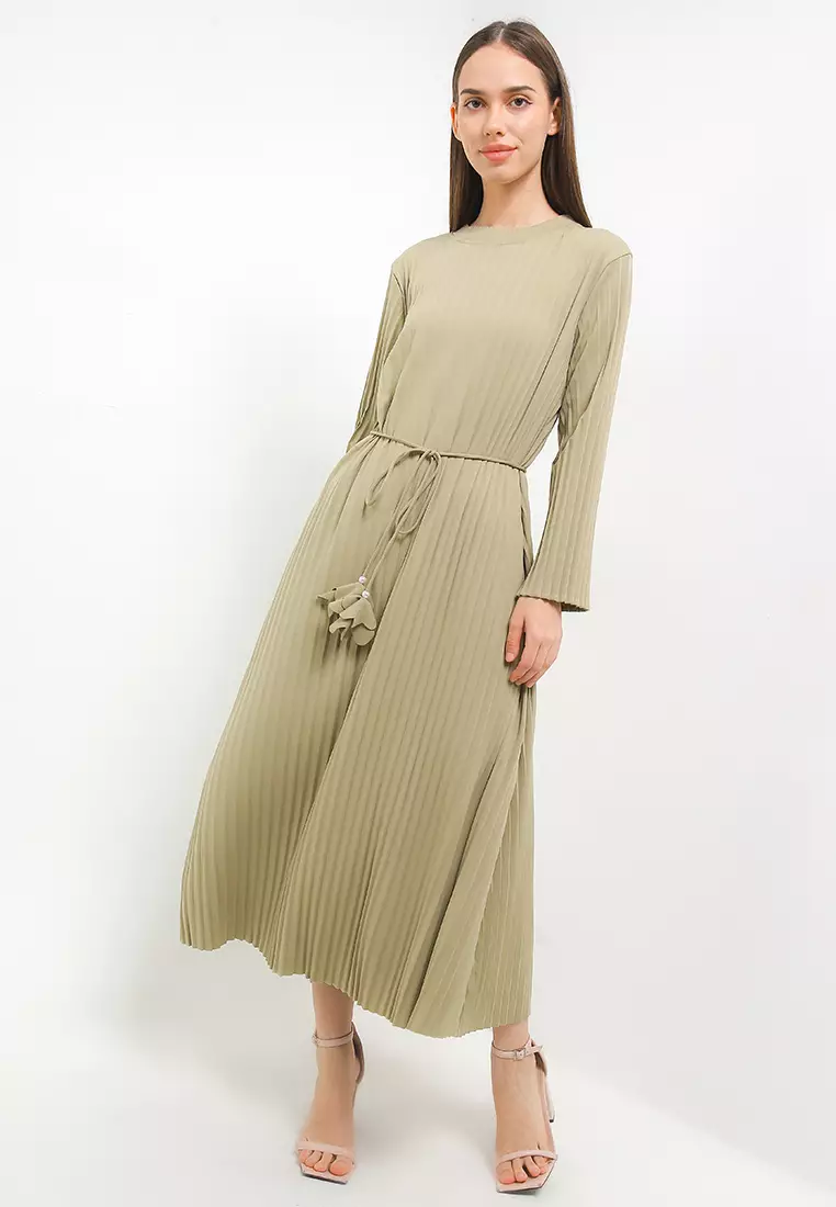 L/S Pleated A-Line Dress W/ Maxy Neck Ribbing
