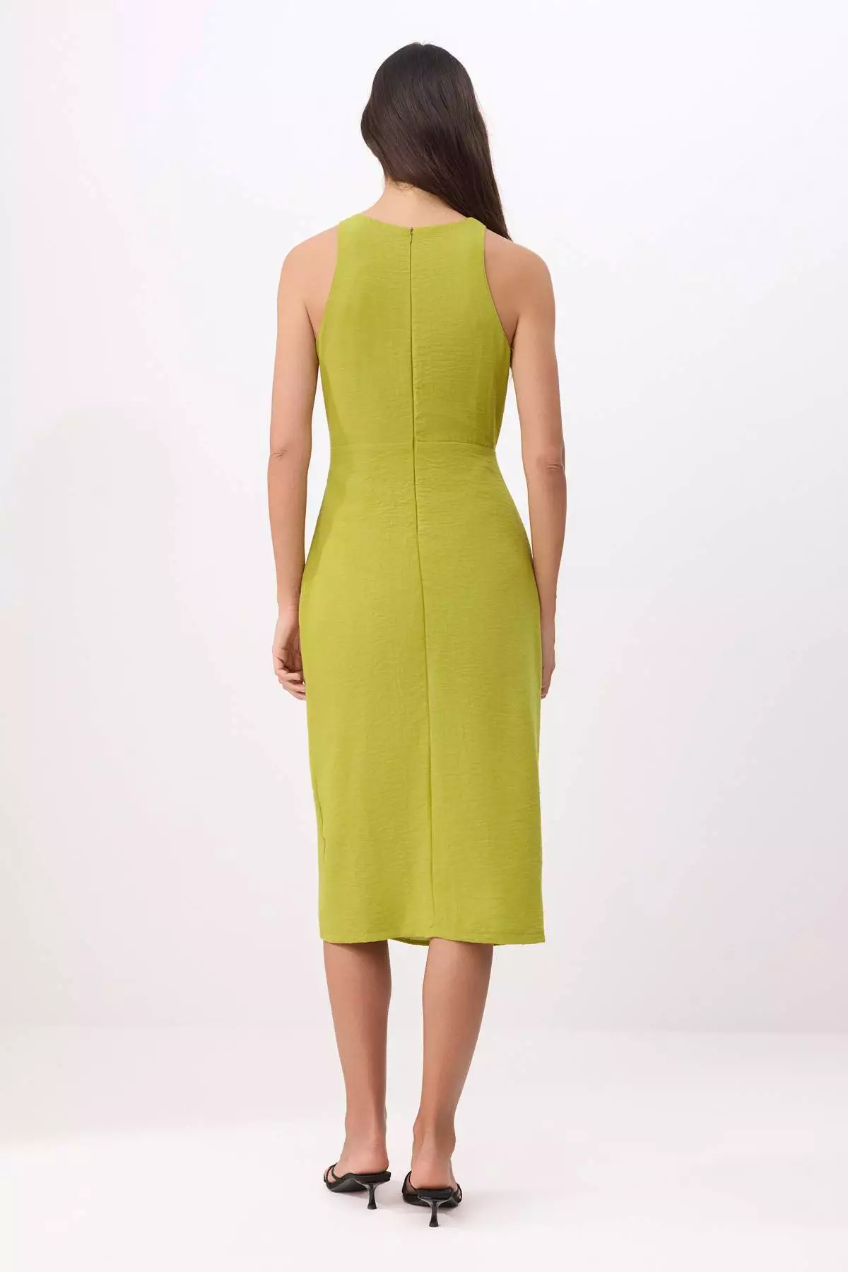 Oil Green Straight Tie Detail Midi Woven Dress Twoss25El777