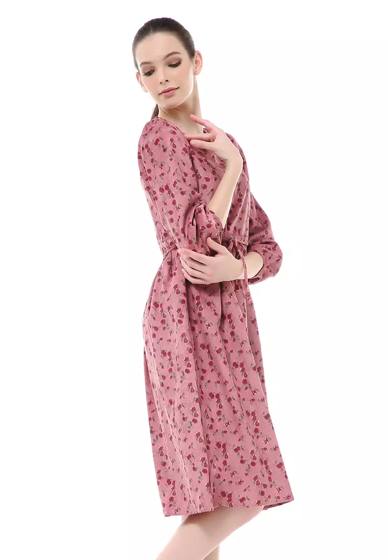 Rachel Dress Wanita Motif Bunga Elegant Design Long Sleeve Material Flanel ORIGINAL - Red