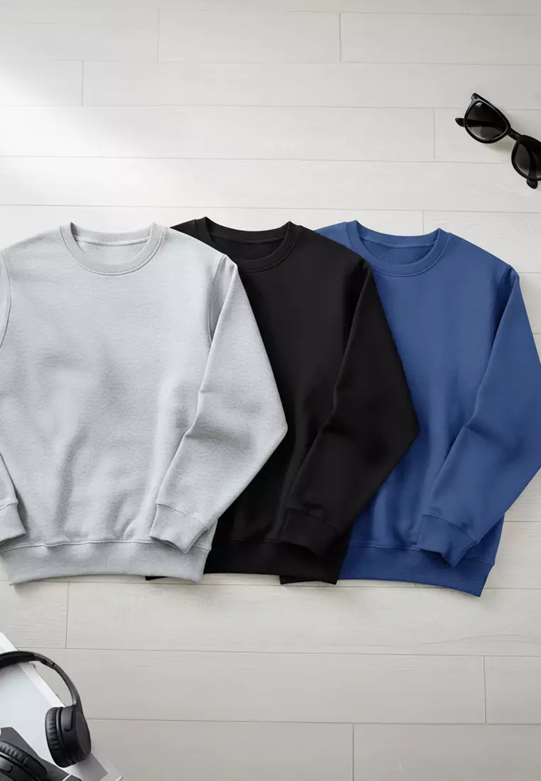 Black-Navy-Grey Melange 3 Pack Regular/Regular Cut Basic Fleece Inside Sweatshirt Tmnaw26Sw00006