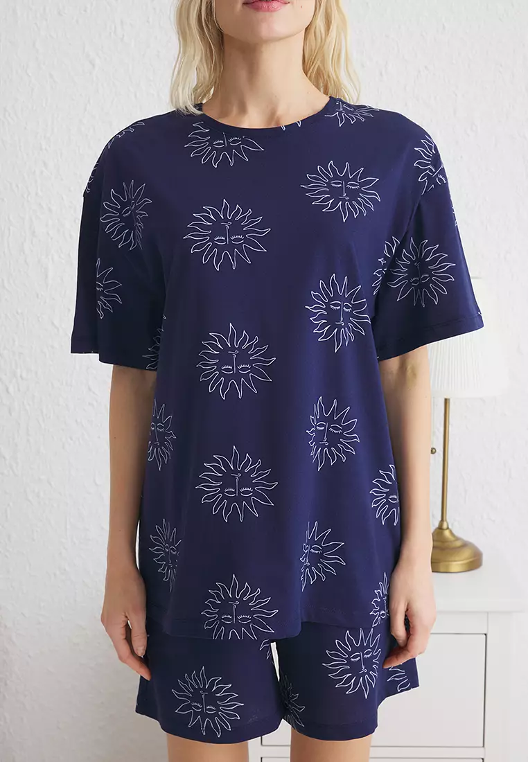 Navy Blue Sun Patterned Shorts Knitted Pajama Set