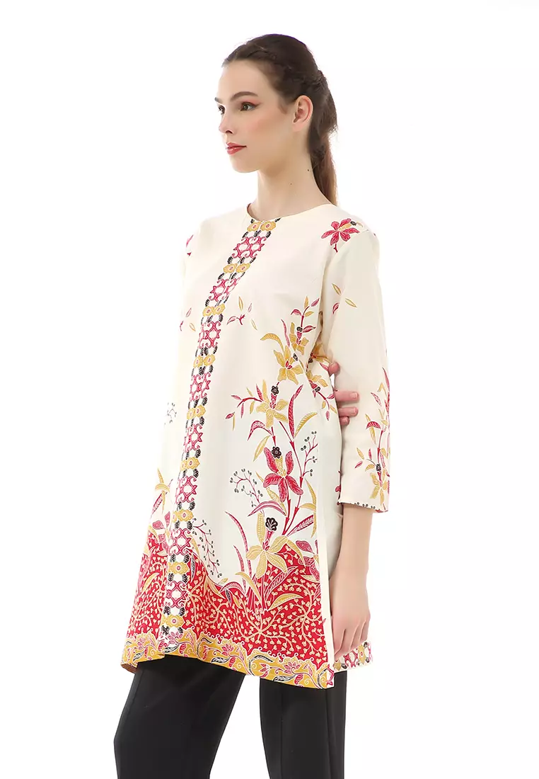 Olaf Atasan Batik Wanita Tunik Traditional Motive Simple Design Material Cotton ORIGINAL - White Red