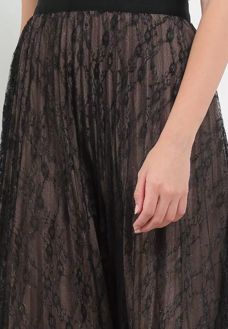 Pleated Lace Midi Skirt W/ Studs Lining