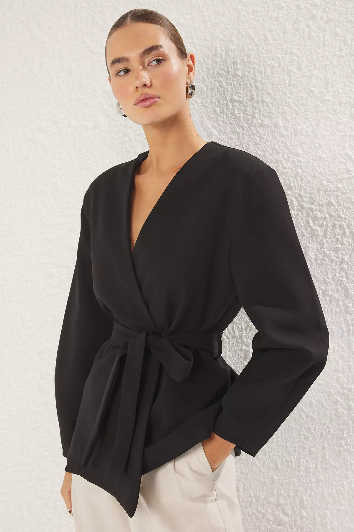 Black Double Breasted Tie Detail Woven Blazer Jacket TWOSS25BC00031