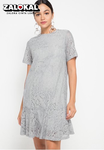 Jual Chic Simple S S Ruffle Hem Glitter Lace Dress Original