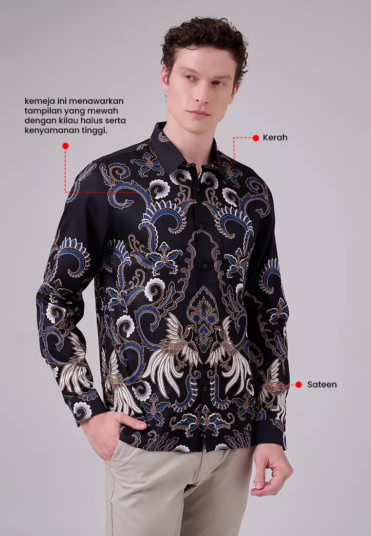 MANZONE - Kemeja Batik Lengan Panjang Pria Tirtayasa 01 Modern Fit - Black