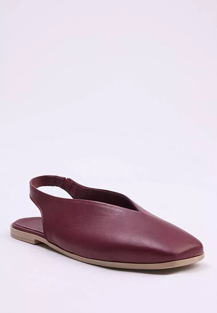 Burgundy Genuine Leather Open Back Square Toe Women'S Ballerinas Takss25Be00018