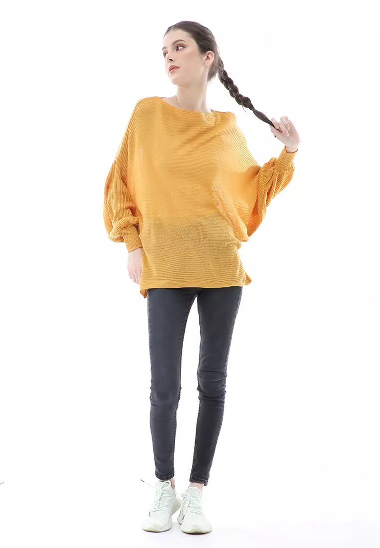 Eveline Sweater Rajut Batwing Atasan Wanita Motif Polos High Quality - Mustard