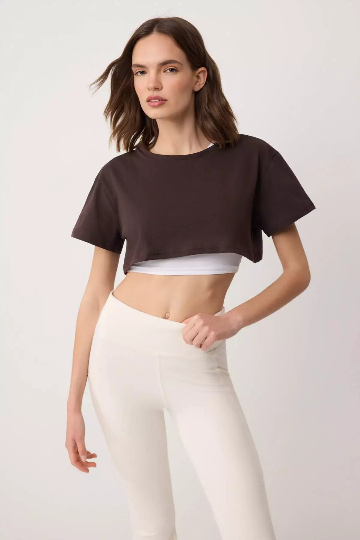 Dark Brown 2 Layer Reflective Printed Crop Knitted Sports T-Shirt Thmss24Ts1