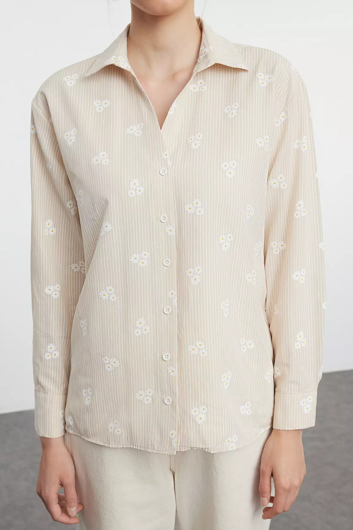 Floral with Stripes Patterned Oversize Shirt