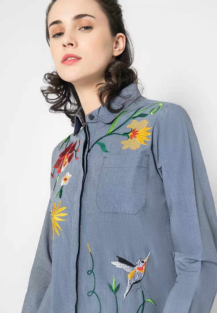 LGS Kemeja Wanita Bordir Bunga Warna Abu LSH.381.O1440L.625.C