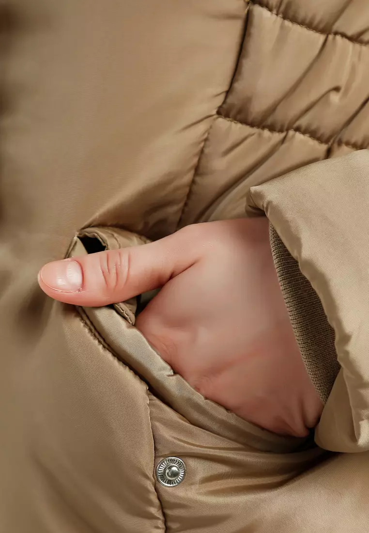 Faux Fur Collar Long Puffer Jacket in Beige