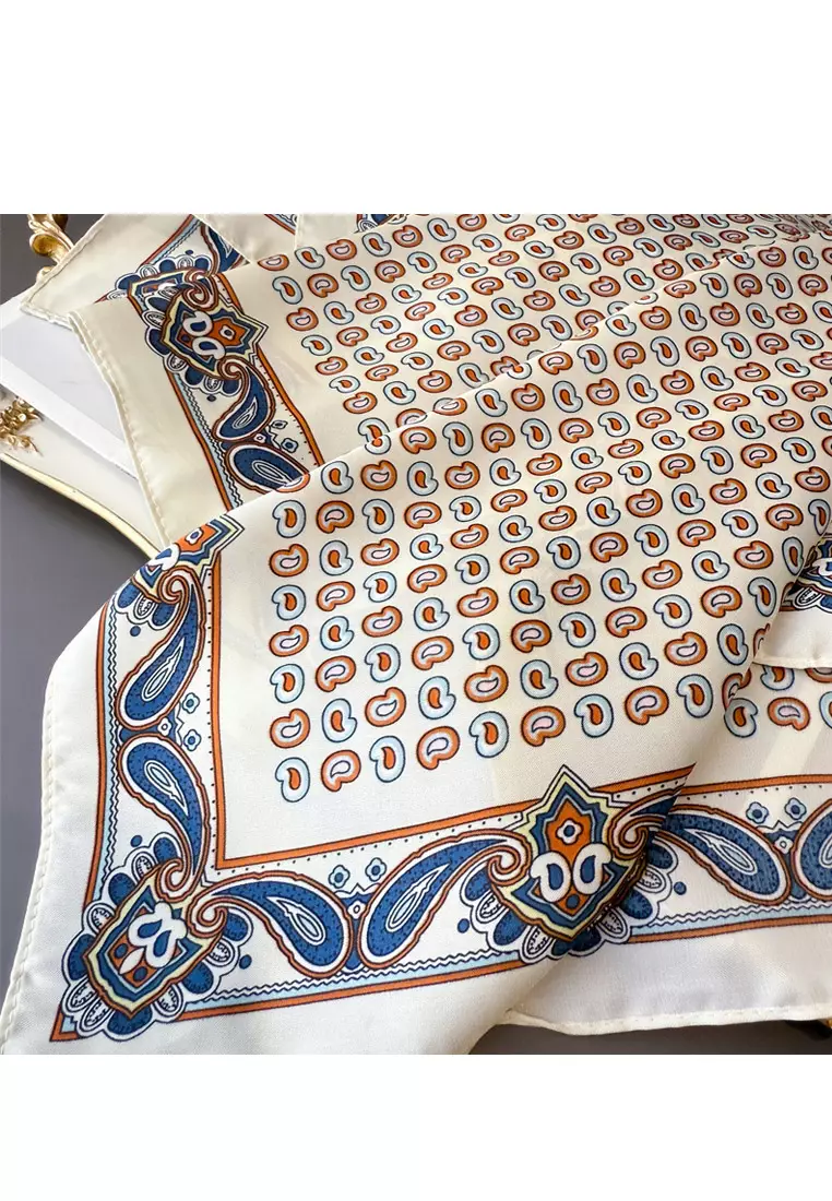 Aksesoris Scarf Mini Paisleys Motif Silky Square Satin Scarf Segi Empat Ukuran Kecil blue, White & Multi
