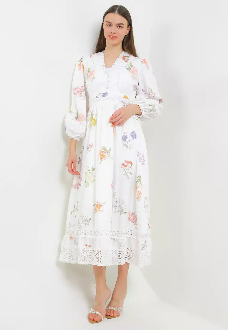 L/S Flo Print Lace Trimmed Tier Maxi Dress
