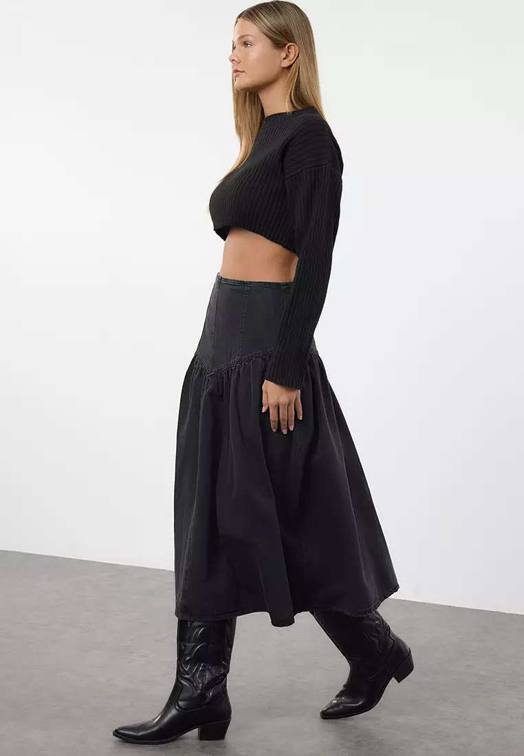 Black Flounce Maxi Denim Skirt
