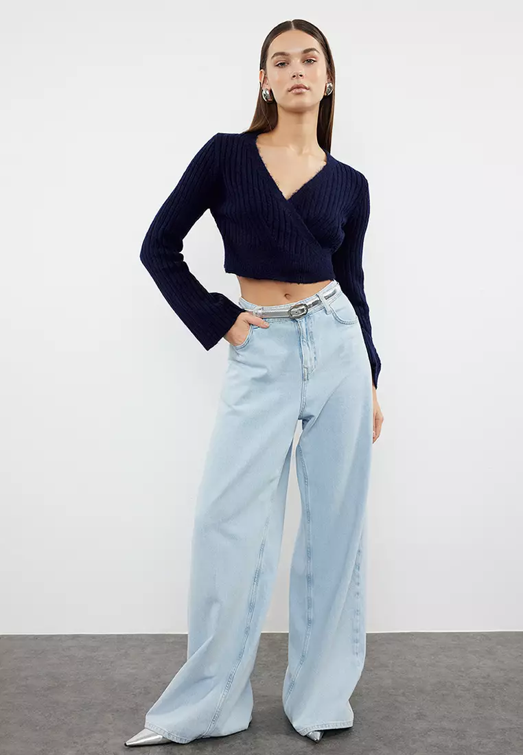Navy Blue Crop Soft Textured Double Breasted Knitwear Sweater TWOAW24KZ00381
