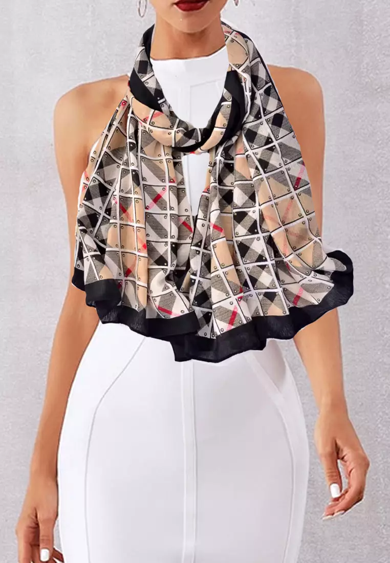 Aksesoris Wanita Checkered Pattern Viscose Shawl Syal Wanita Solid Border Beige & Black