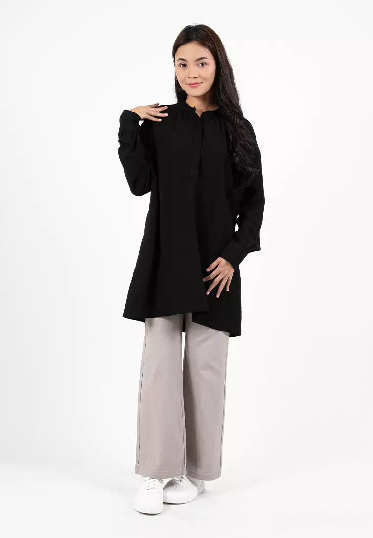 Forest Ladies Linen Oversized Band Collar Plain Blouse Women Long Sleeve Tunic | Baju Perempuan - 822391-01Black