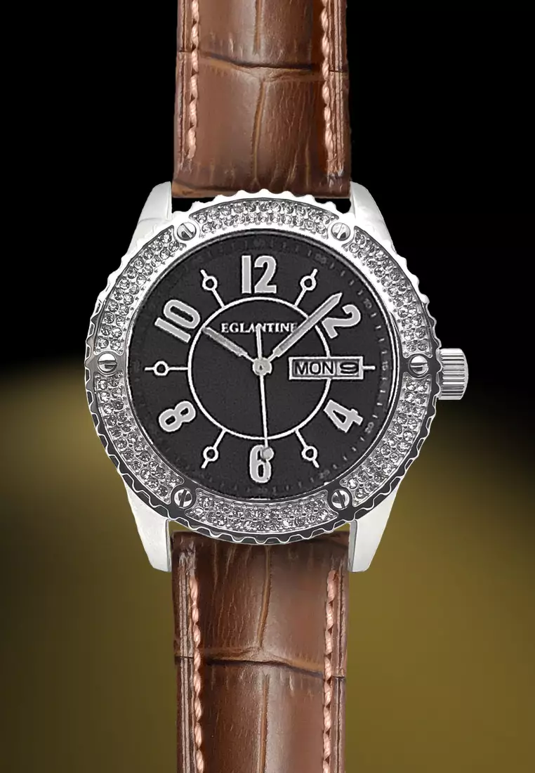 Vanessa Ladies Steel Quartz Watch Paved with Crystals, Leather Strap