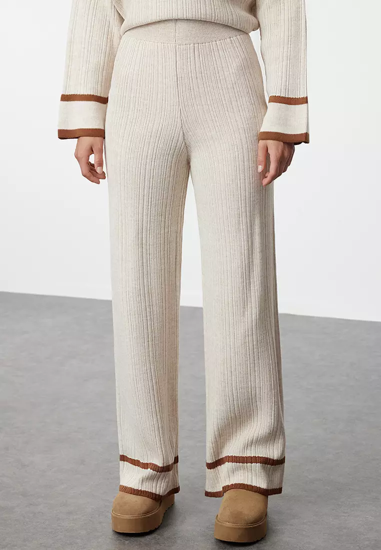 Stone Brown Piping Knitwear Sweater Trousers Bottom-Top Set TCTAW25US00015