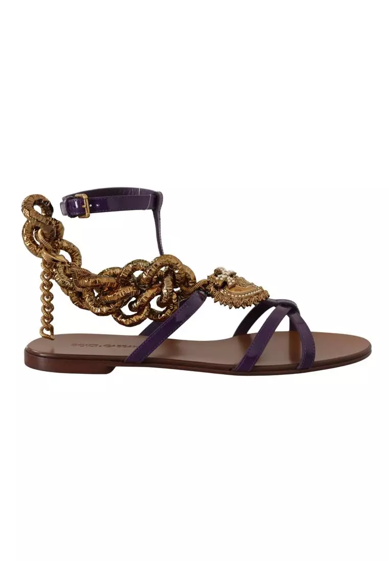 Discount on Dolce & Gabbana  shoes - SKU: Dolce & Gabbana Gorgeous Leather Heart Chain Flat Sandals