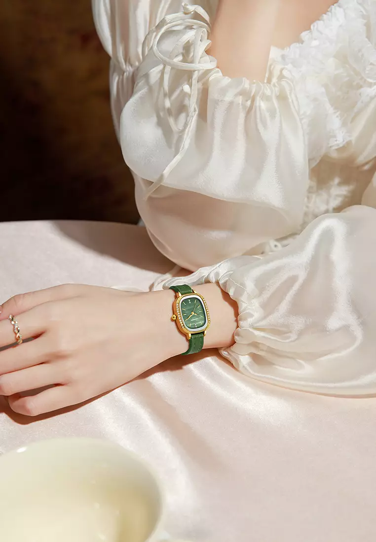 Jam Tangan Wanita Korea Elegan Berlian Vintage Dial Tali Kulit Anti Air Jam Tangan Cewek A002 green