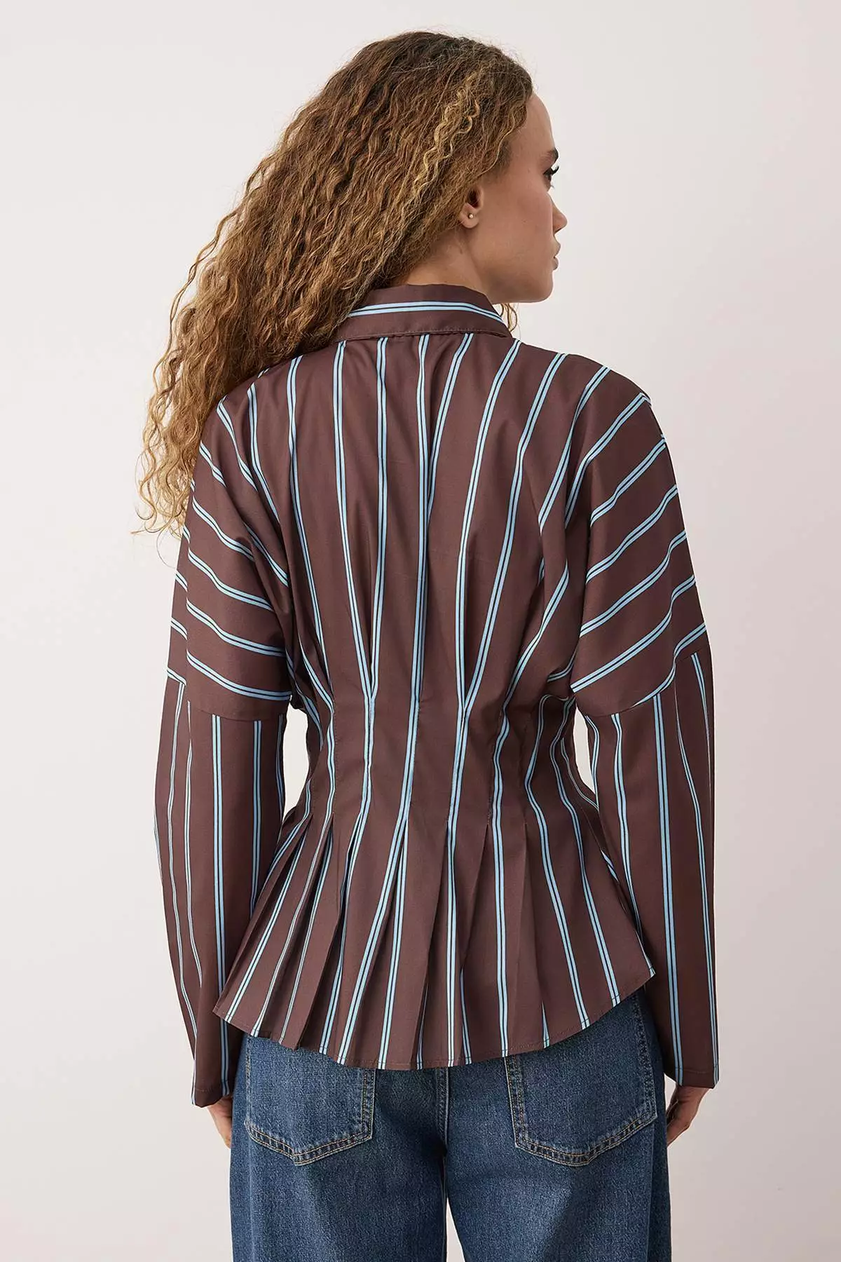 Brown-Multicolored Striped Lycra Fitted Waist Shirt Twoaw26Go113