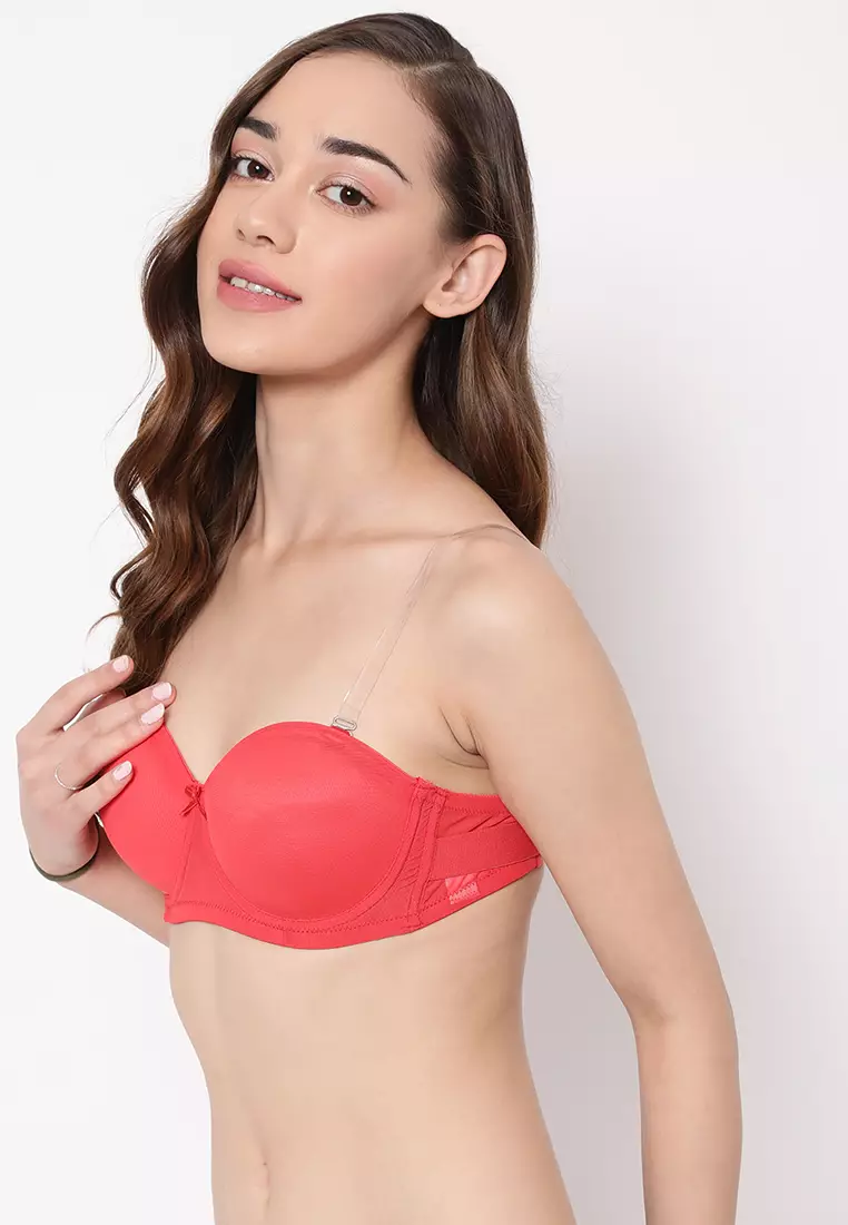 Clovia Invisi Padded Underwired Full Cup Strapless Balconette Bra in Red with Transparent Straps & Band