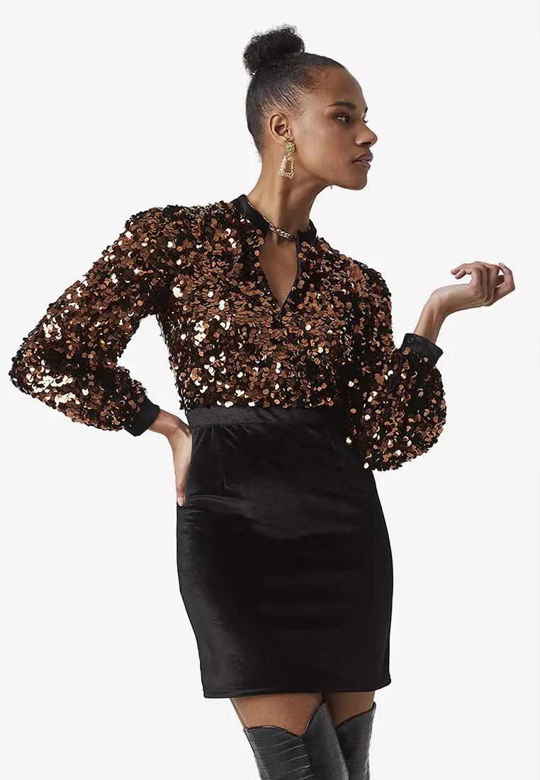 Buy French Connection Ashiaz Sequin Velvet Mini Dress 2026 Online | ZALORA