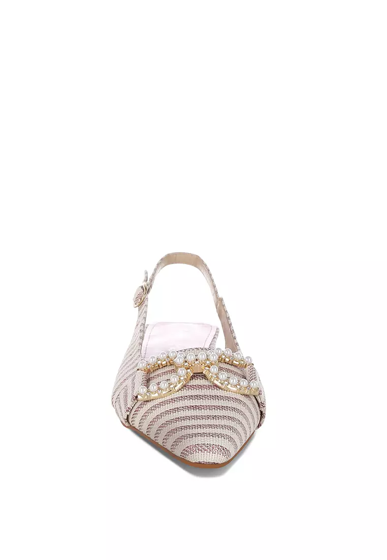 Pearl-Detailed Horsebit Woven Flats In Pink