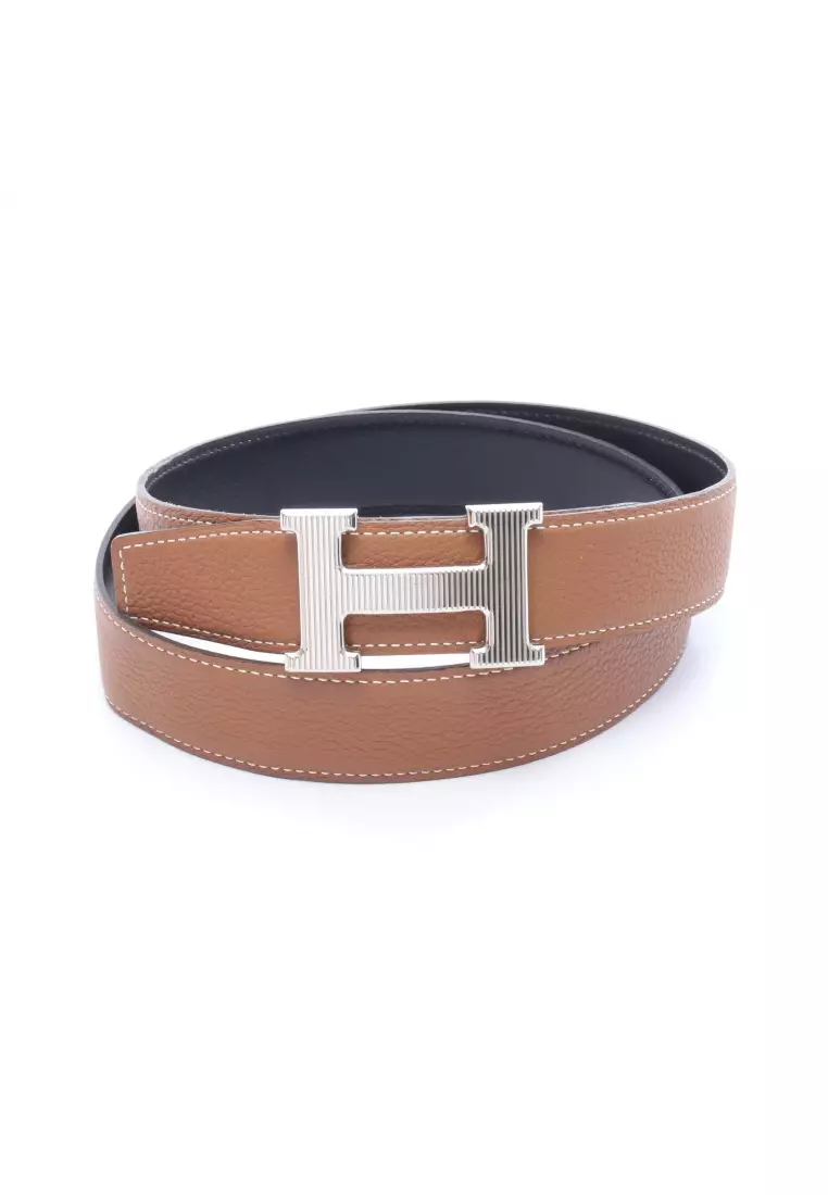 Pre-Loved Hermès HStorie Noir gold reversible belt box calf Togo black light brown silver hardware Z stamp
