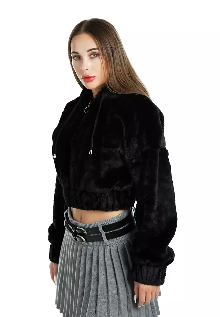 Jaket Berkerudung Bahu Terbuka Santai Warna Hitam