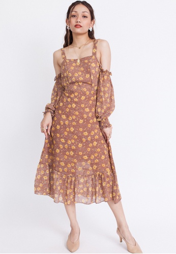Hook Clothing multi and brown Cold Shoulder Floral Dress 7F634AA5933592GS_1