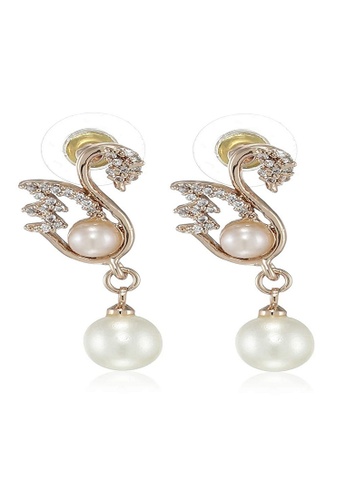 estele gold Estele Rose Gold Plated CZ Swan Shaped Pearl Drop Earrings for Women B5B81AC9D2D185GS_1