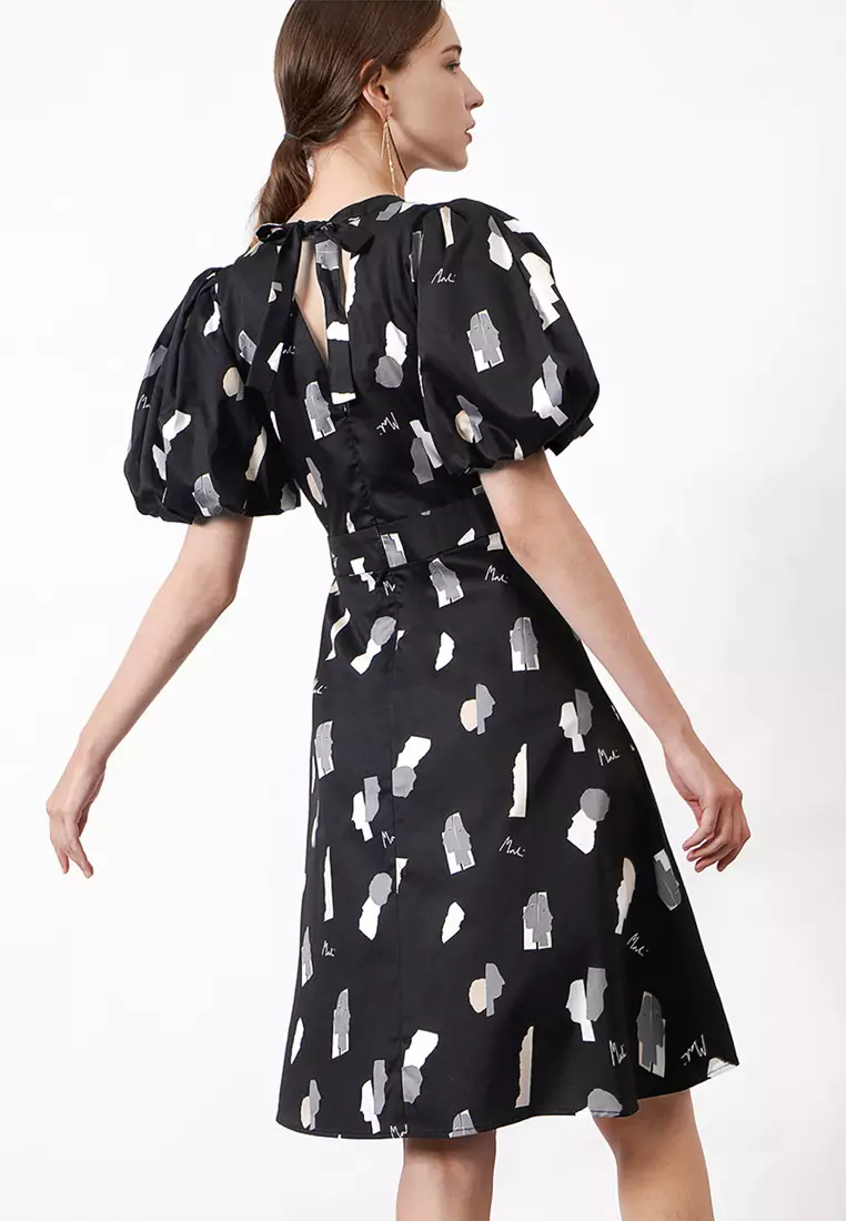Puff Sleeve Midi Dress with Art Print