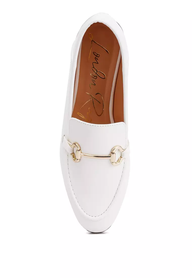 Horsebit Embellished Faux Leather Loafers in White